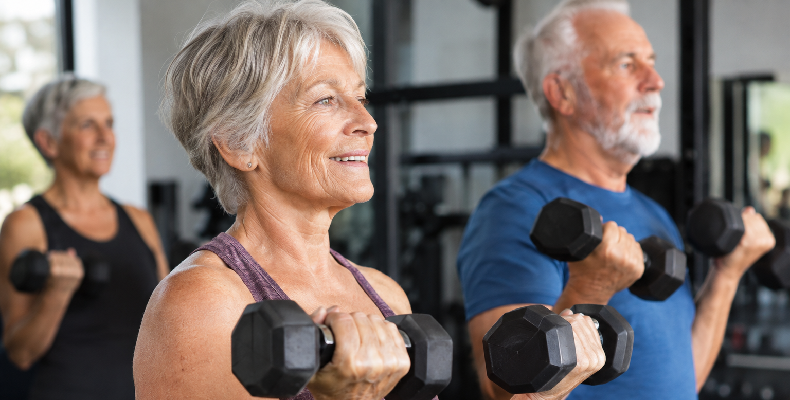Three older adults lifting weights in a gym class at Moore Than Physio in Glen Eden